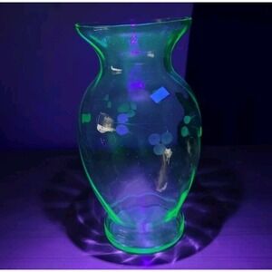 Uranium Glass Green Vase Etched Panel Vaseline Glows 8" Depression Vintage
